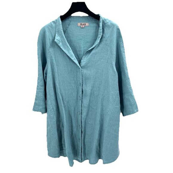 FLAX Green Linen Oversized Button Down Pocket Tunic Top Shirt - Picture 1 of 8